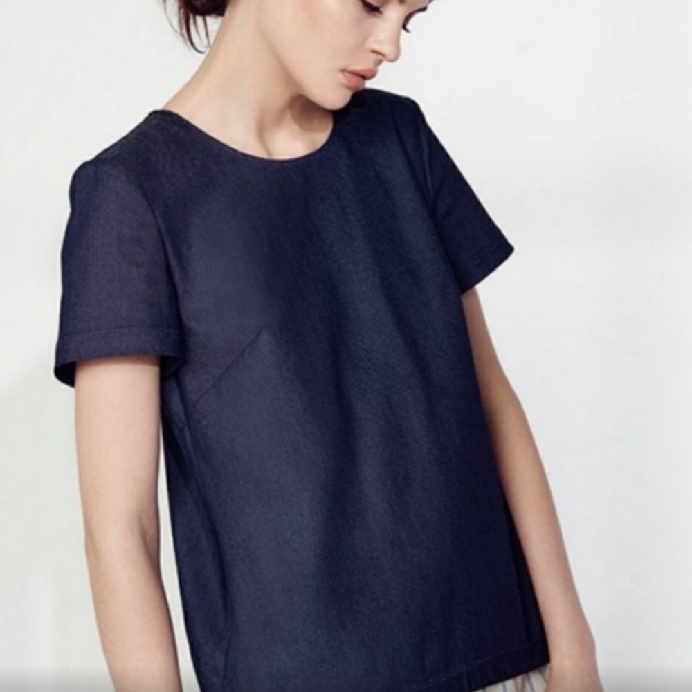 Cuyana Blue Denim Short Sleeve Back Tie Top Size Small Preppy Classic Travel‎